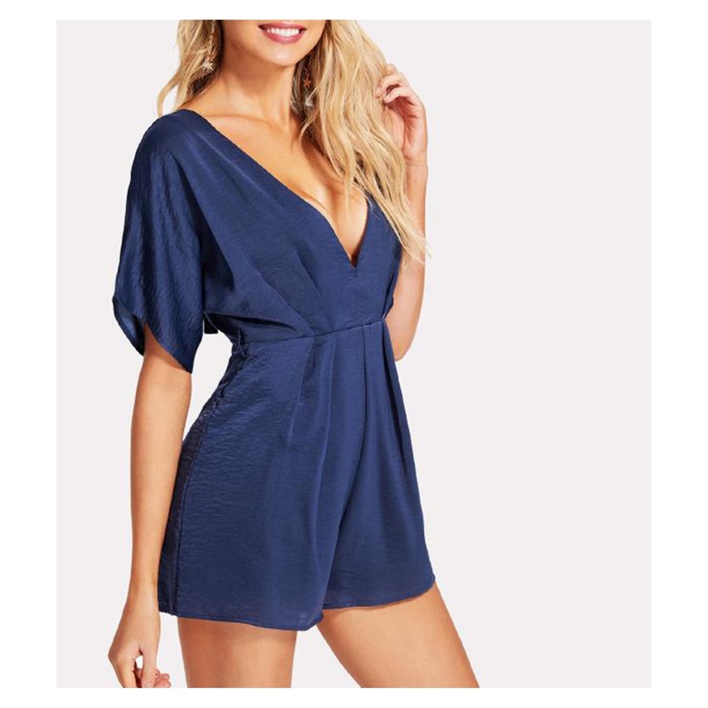 Navy Blue V Neck Short Sleeve Satin Romper - Picture 2 of 5